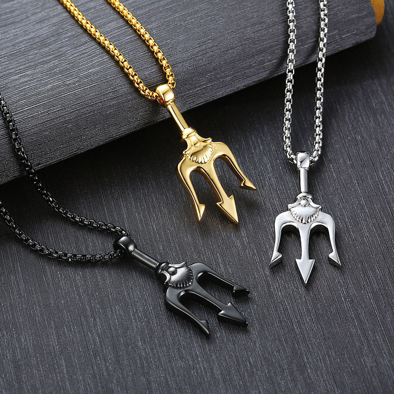 Neptune's Trident Necklace Retro Mythical Sea King Poseidon Trident Harpoon Pendant Necklace Men's Fashion Trend Cool Jewelry