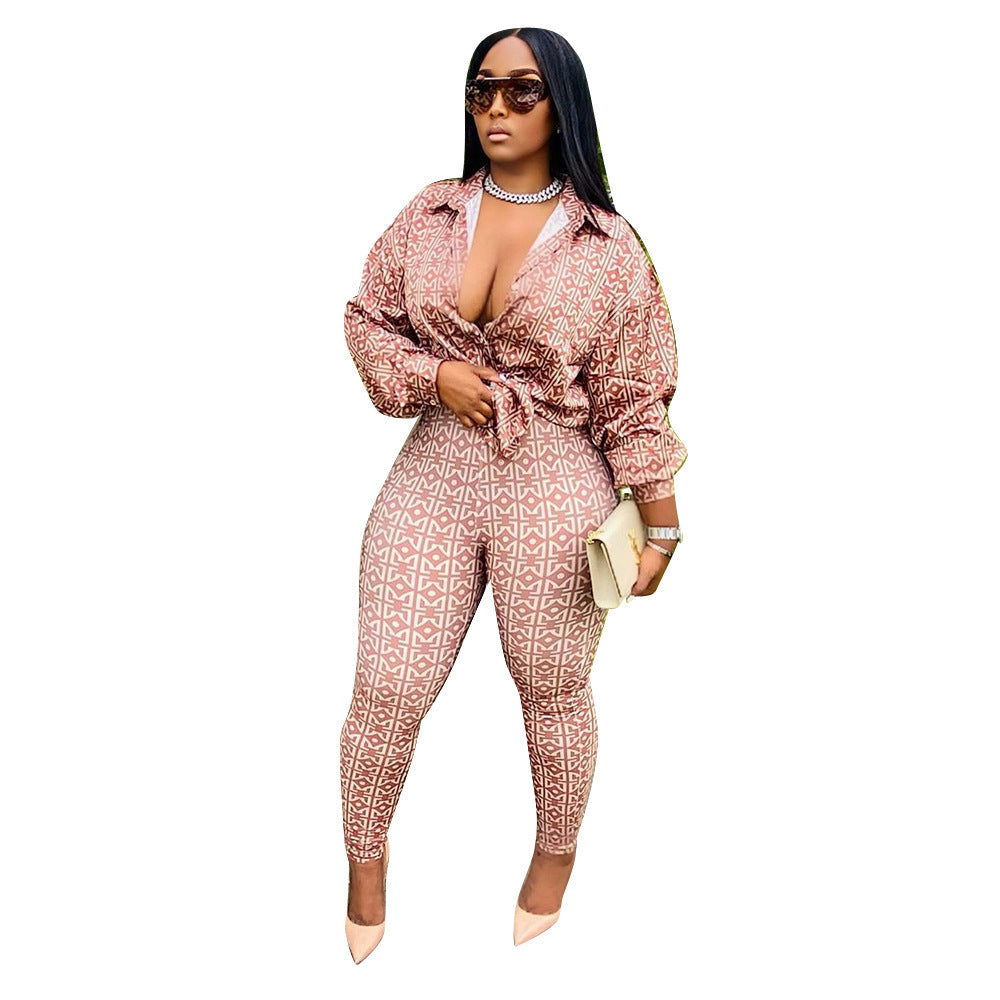 Plus Size Geo Pattern Shirt High Waist Pants Set