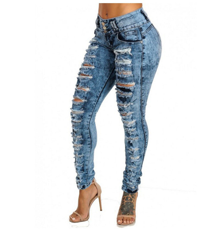 Ripped High-waisted Breasted Jeans With Small Feet