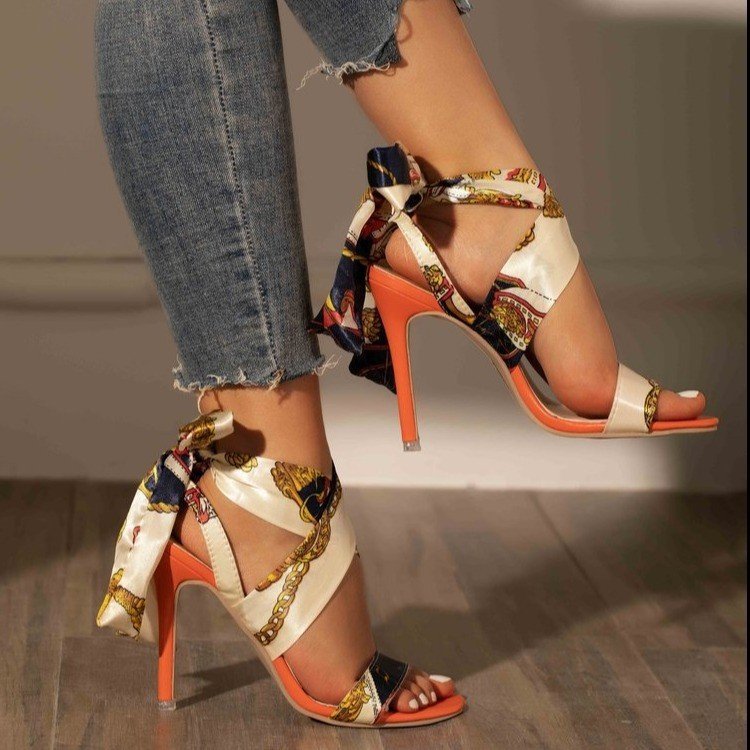 Printed Lace Up Shoes Wholesales Personality Strap Printing High Heel Sandals Women's Shoes Orange