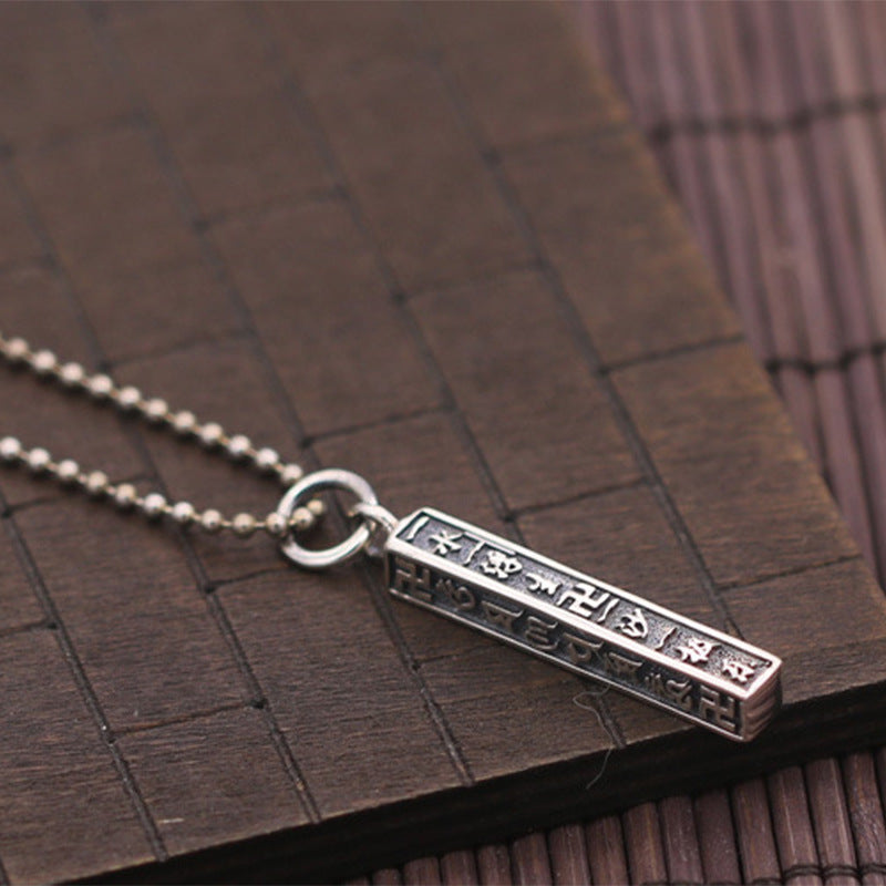 S925 Sterling Silver Buddhism Six Words Pendant Jewelry Thai Silver Retro Simple Men Women Square Totem Pole Fashion Pendant