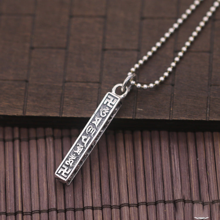 S925 Sterling Silver Buddhism Six Words Pendant Jewelry Thai Silver Retro Simple Men Women Square Totem Pole Fashion Pendant