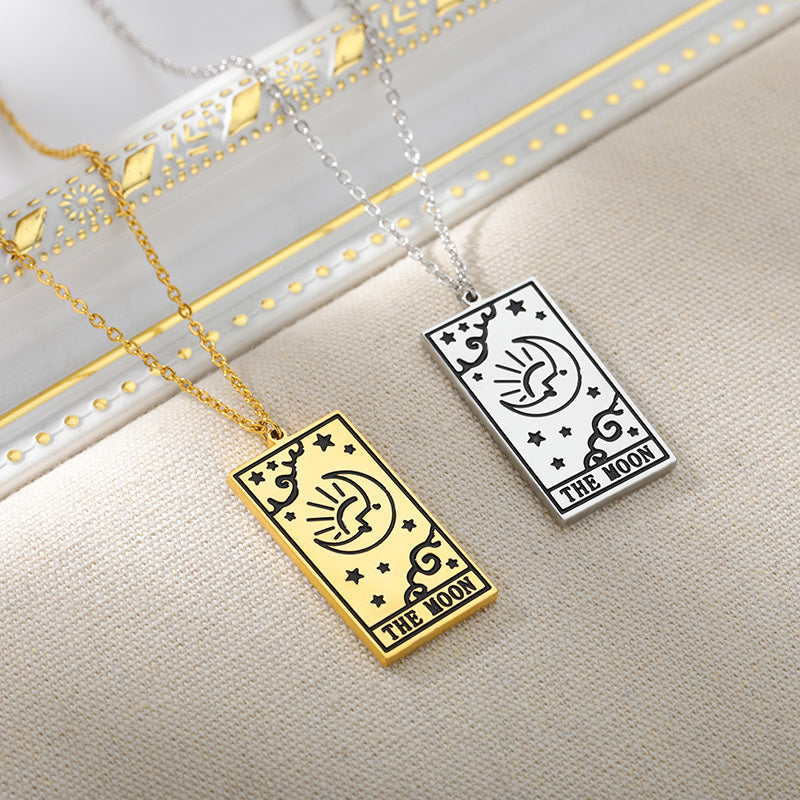 Square Tarot Cards Necklace For Women Gold Stainless Steel Moon Sun Couple Pendant Neck Chain Necklace Vintage Cute Jewelry Gift