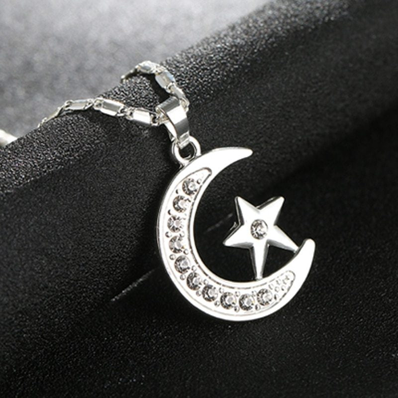 Muslim Crescent Pendant Necklace Silver Gold Color Cubic Zirconia CZ Islam Moon Star Jewelry Women Gift