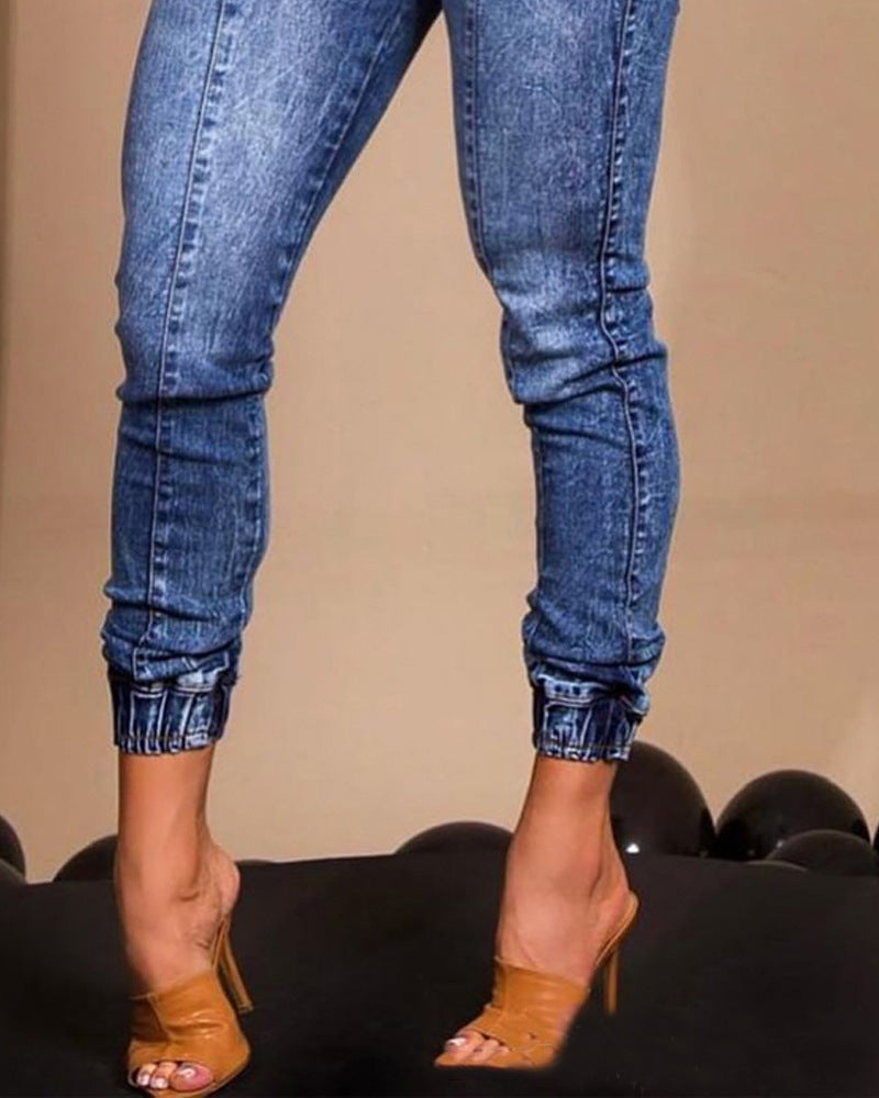 Women's Elastic Waist Lace Up Slim Fit Jeans