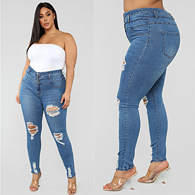 High waist ripped large size fat jeans