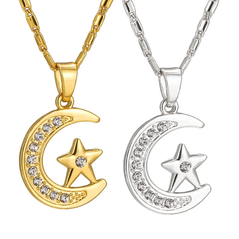 Muslim Crescent Pendant Necklace Silver Gold Color Cubic Zirconia CZ Islam Moon Star Jewelry Women Gift