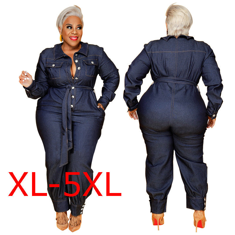 Autumn Lazada Rpmpers Plus Big Size Fat Women Denim Jumpsuit