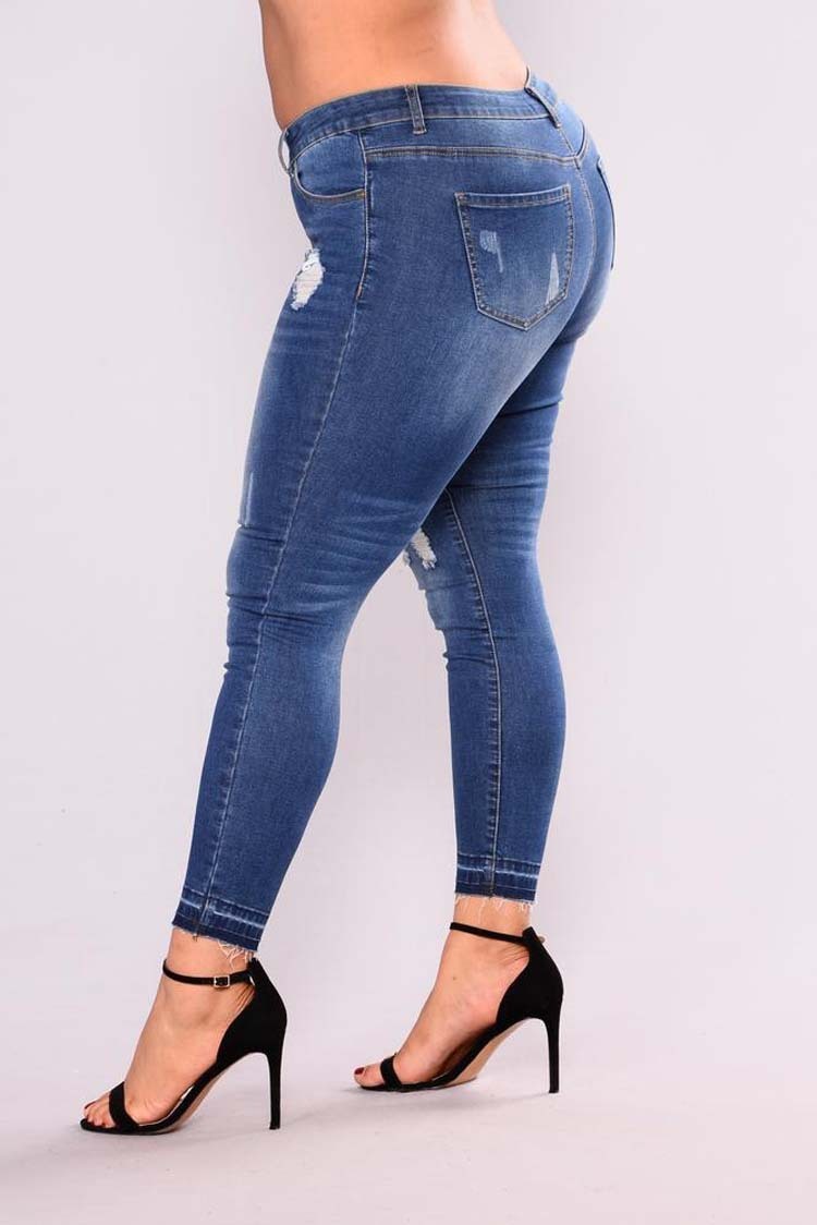 Fattening and high elastic pencil jeans with holes