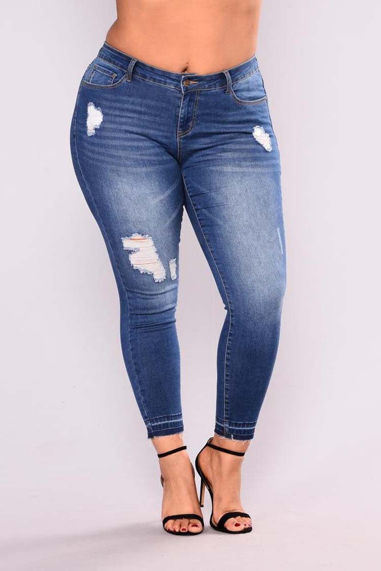 Fattening and high elastic pencil jeans with holes