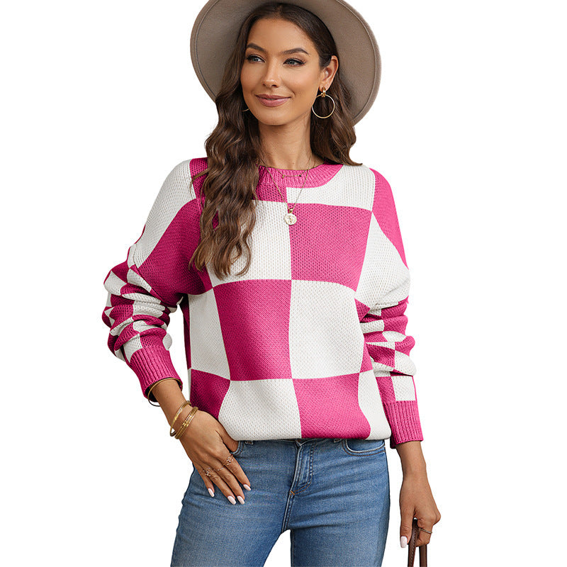 Thickened Pullover Women European And American Leisure Plaid Block Stitching Long Sleeve Sweater Women