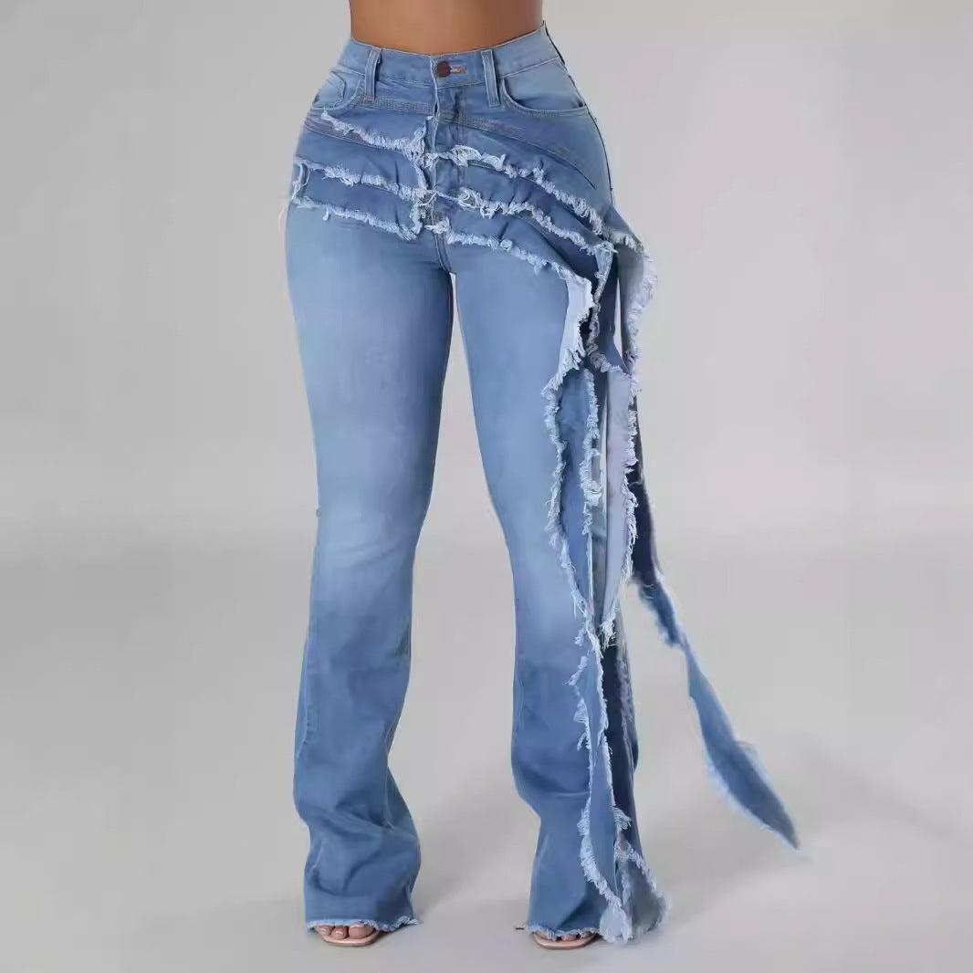 Washed And Frayed Long Streamer Stretch Jeans