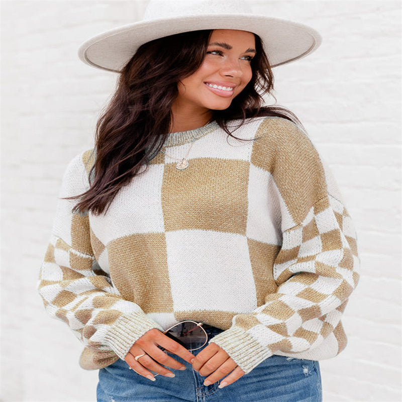 Thickened Pullover Women European And American Leisure Plaid Block Stitching Long Sleeve Sweater Women