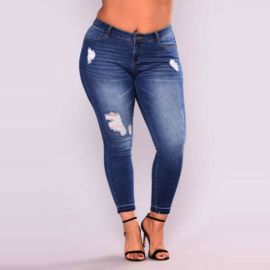 Fattening and high elastic pencil jeans with holes