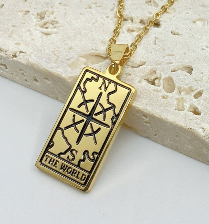 Square Tarot Cards Necklace For Women Gold Stainless Steel Moon Sun Couple Pendant Neck Chain Necklace Vintage Cute Jewelry Gift