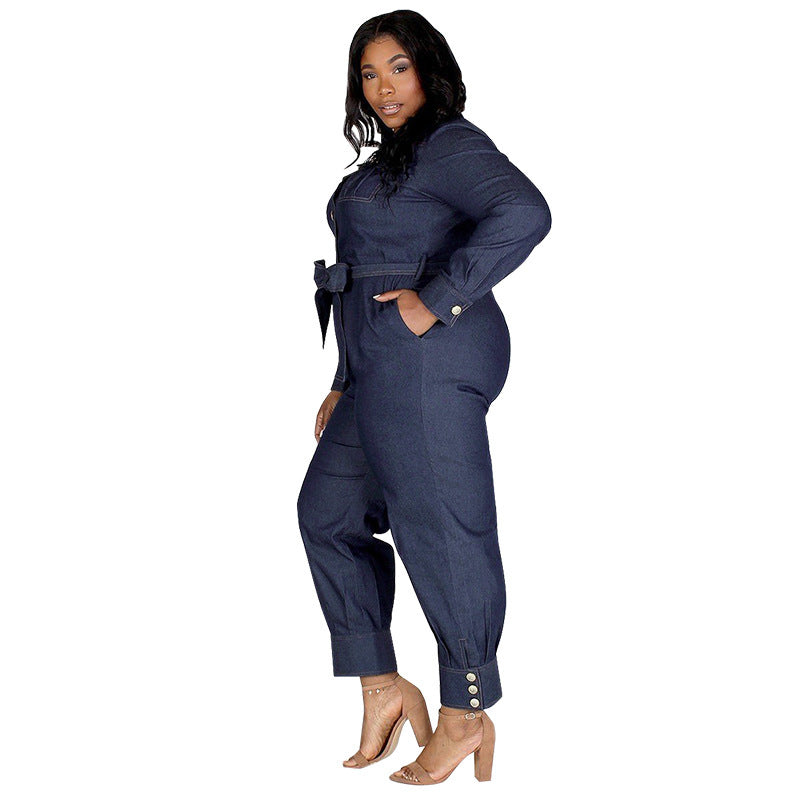 Autumn Lazada Rpmpers Plus Big Size Fat Women Denim Jumpsuit