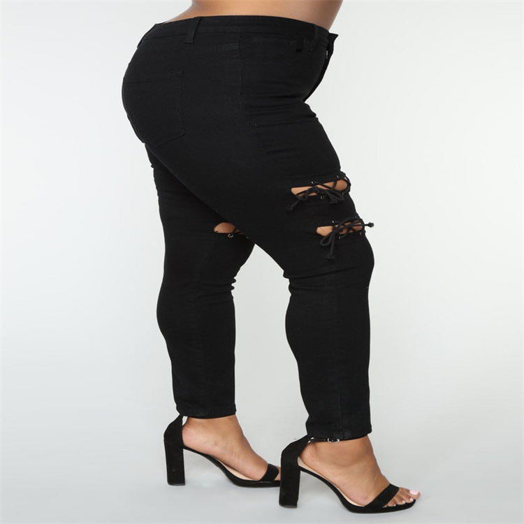 Women's Plus Size Fashion Eyelet Strap Jeans