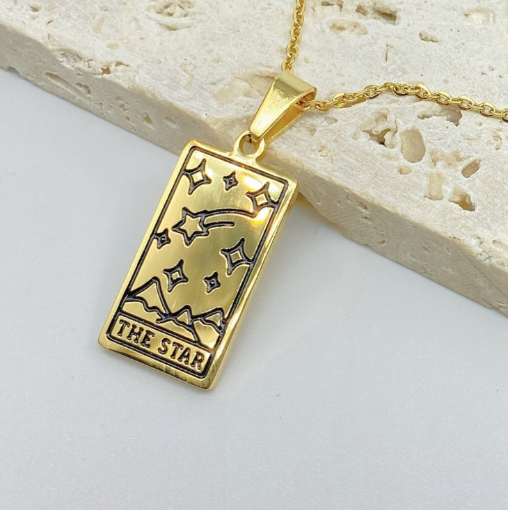 Square Tarot Cards Necklace For Women Gold Stainless Steel Moon Sun Couple Pendant Neck Chain Necklace Vintage Cute Jewelry Gift