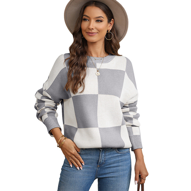 Thickened Pullover Women European And American Leisure Plaid Block Stitching Long Sleeve Sweater Women