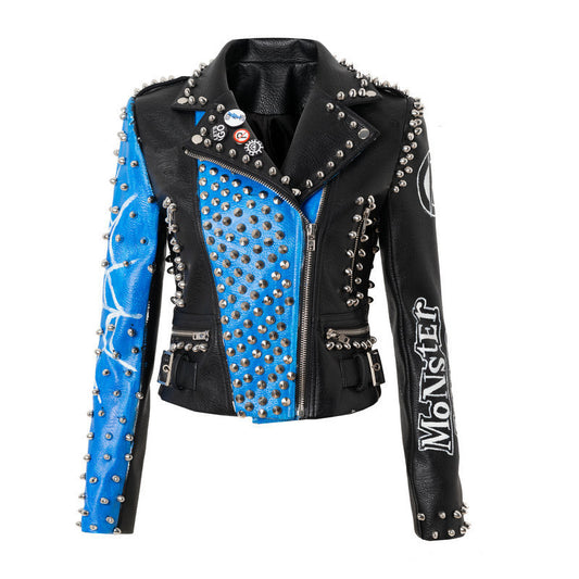 European And American Plus Size Motorcycle Leather Jacket Slim Fit English Letter Rivet Jacket