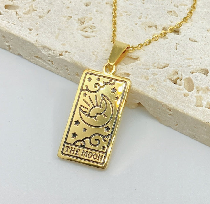 Square Tarot Cards Necklace For Women Gold Stainless Steel Moon Sun Couple Pendant Neck Chain Necklace Vintage Cute Jewelry Gift