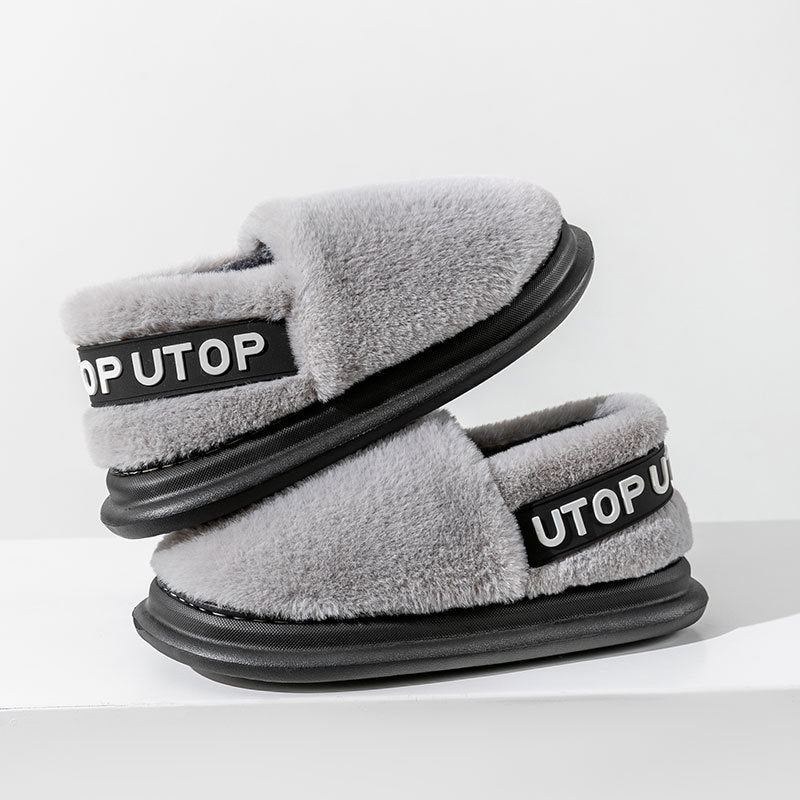 Winter Letter Cotton Shoes With Heel Garden Outdoor Indoor Floor Home Slippers Thick-soled Plush Slippers Women Men Couple