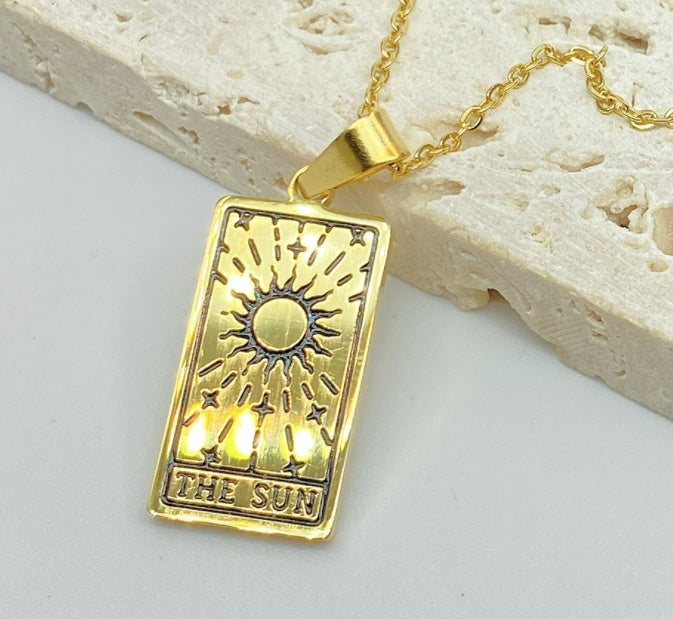 Square Tarot Cards Necklace For Women Gold Stainless Steel Moon Sun Couple Pendant Neck Chain Necklace Vintage Cute Jewelry Gift